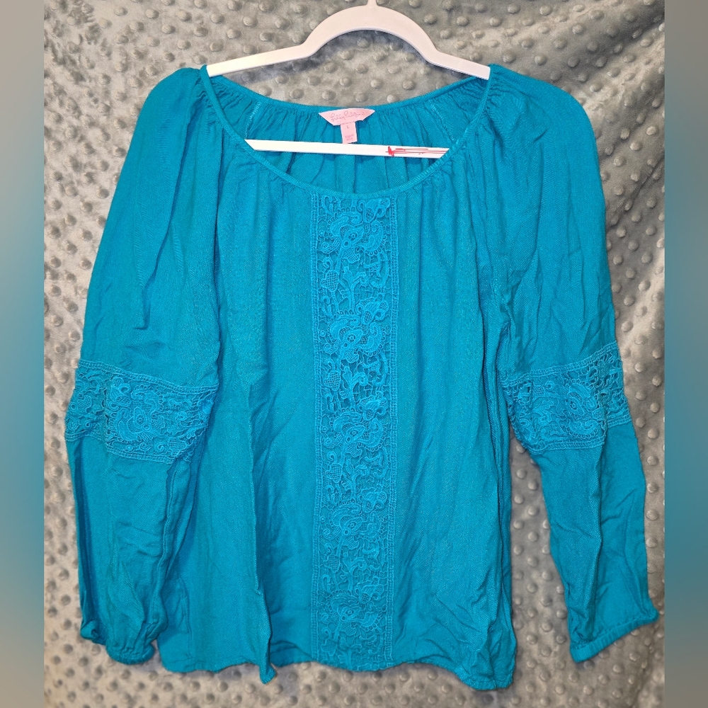 Lilly Pulitzer Teal Lace Accent Blouse Large Turquoise